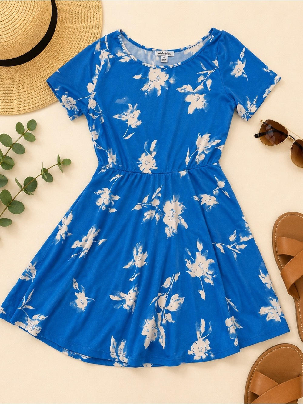 White Birch Blue Floral Fit & Flare Dress with Built-In Shorts | Medium